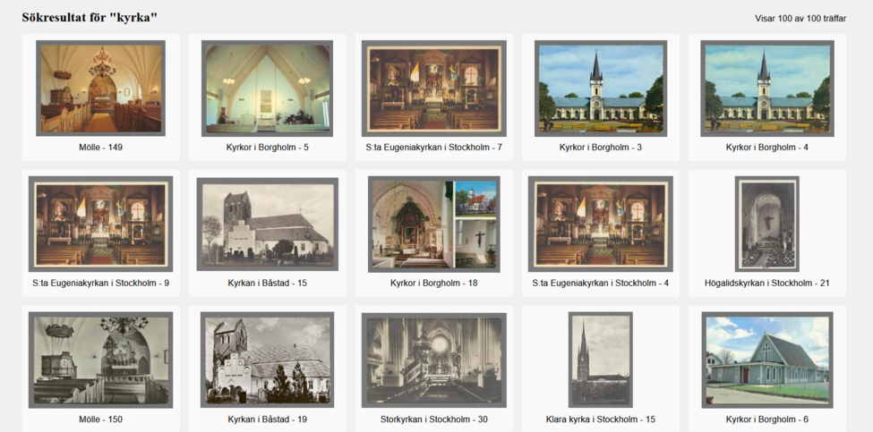 Free text search in the postcard collection for the Swedish term “church”.